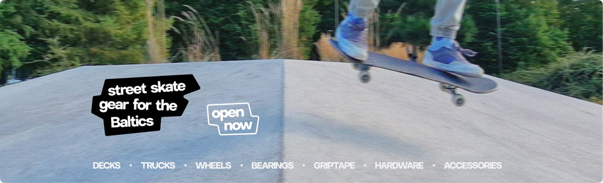 A promotional banner for street skate gear featuring a skateboarder mid-trick on a concrete ramp with trees in the background. Text overlays include 'street skate gear for the Baltics', 'open now', and a category list at the bottom: decks, trucks, wheels, bearings, grip tape, hardware, and accessories.